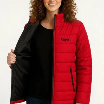 Women's Red Micro Water Repellent Quilted Printed Zippered Bomber Jacket 1