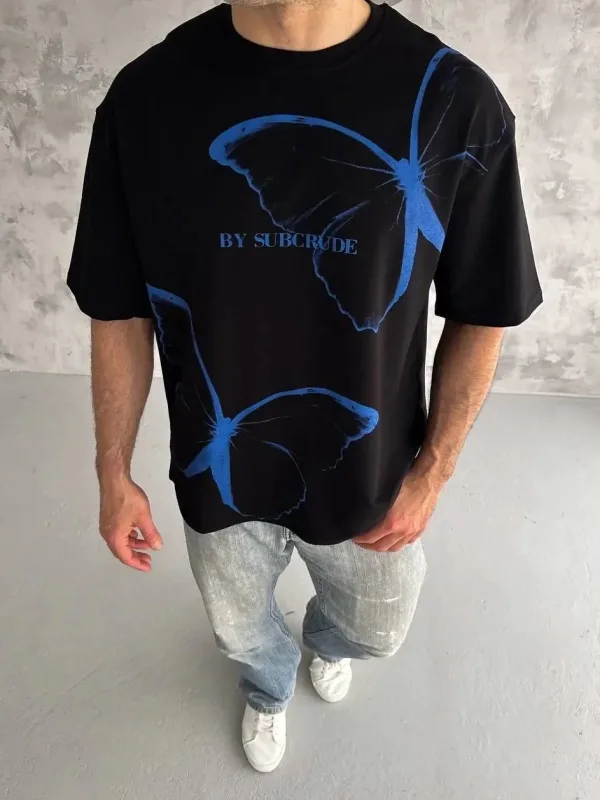 Машки црн oversize велосипед јака печатена маица 2