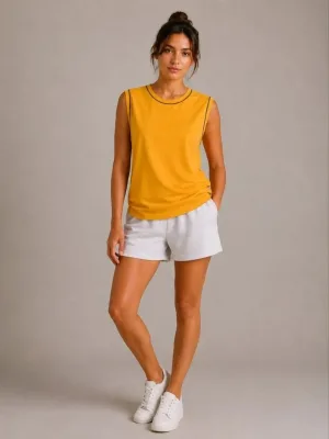 Γυναικείο Κίτρινο Βασικό Αμάνικο Tank Top με Στρογγυλή Λαιμόκοψη και Αντίθετες Ραφές