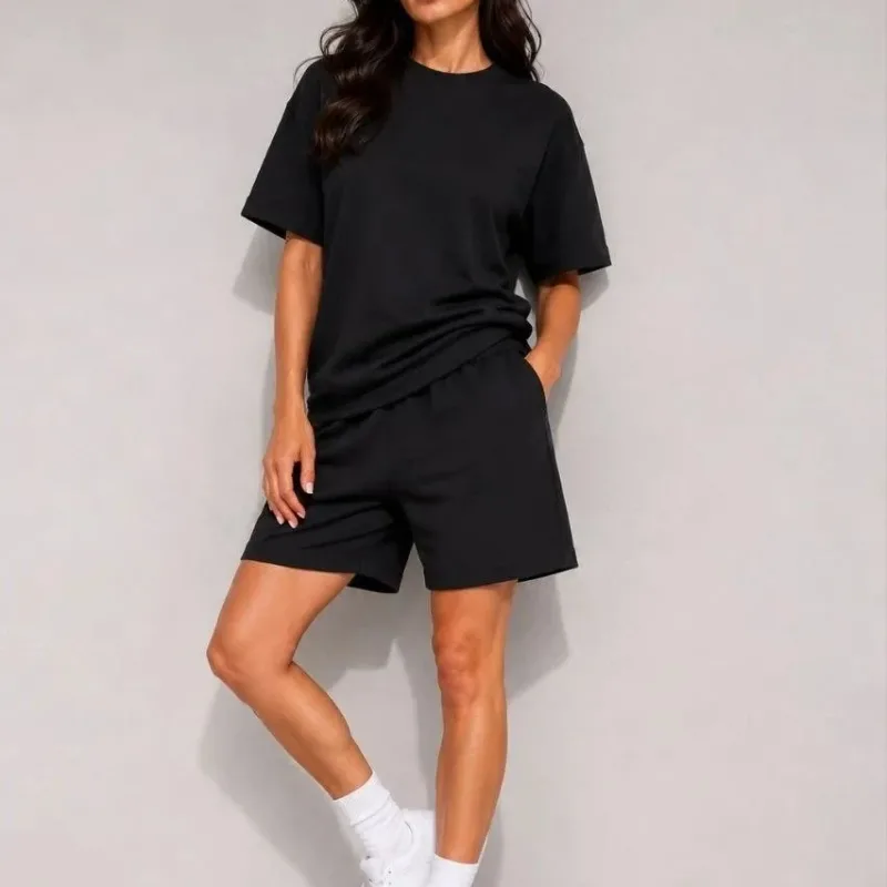 Женски црн oversize мек модален комплет со шорцеви со џебови