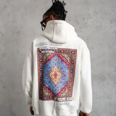 Muški bijeli oversize 3-niti pamučni s kapuljačom tiskani sweatshirt 3