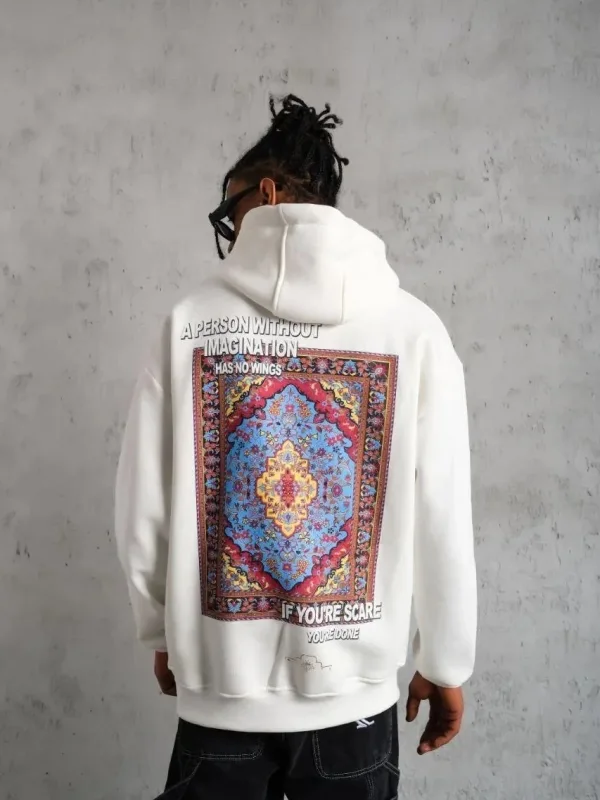 Muški bijeli oversize 3-niti pamučni s kapuljačom tiskani sweatshirt 3
