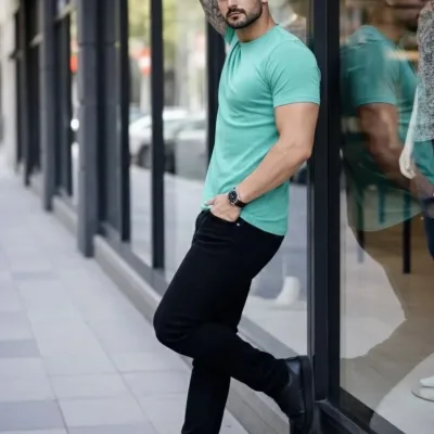 Muški tirkizni slim fit biciklistički ovratnik s likrom body majica 4