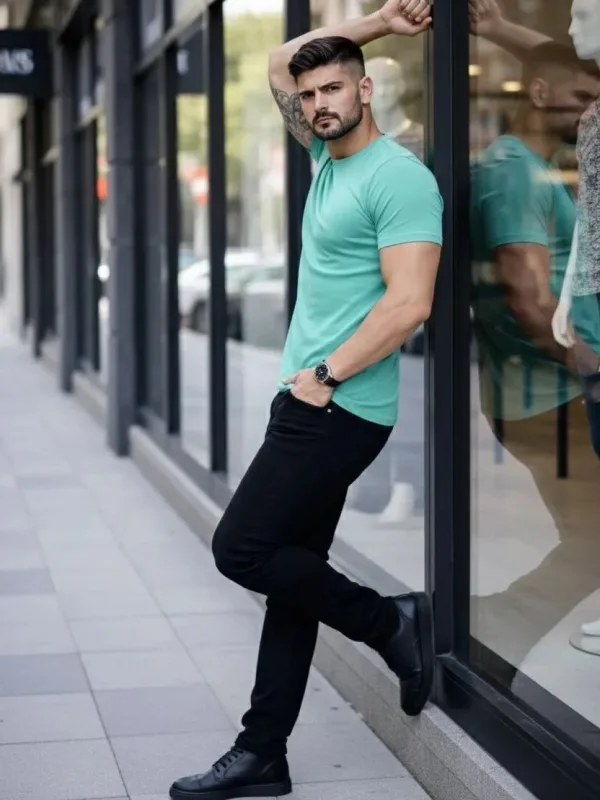 Muški tirkizni slim fit biciklistički ovratnik s likrom body majica 4