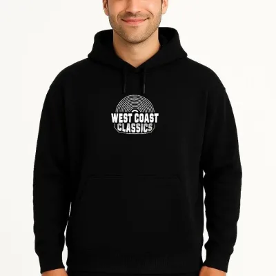 Férfi fekete 3 szálas pamut nyomott kenguru zsebes hoodie 2