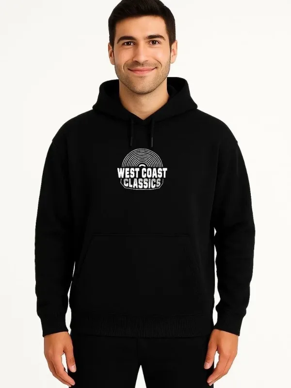 Férfi fekete 3 szálas pamut nyomott kenguru zsebes hoodie 2