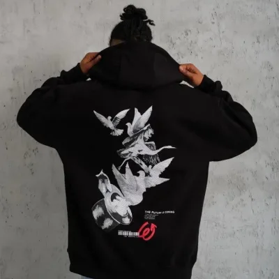 Sweatshirtê Mêran ê Reş, Oversize, 3 Têl, Pembû, Bi Kevan, Bi Çapkirin 1