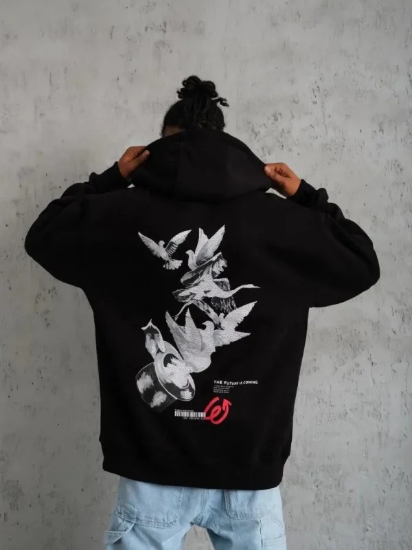 Sweatshirtê Mêran ê Reş, Oversize, 3 Têl, Pembû, Bi Kevan, Bi Çapkirin 1