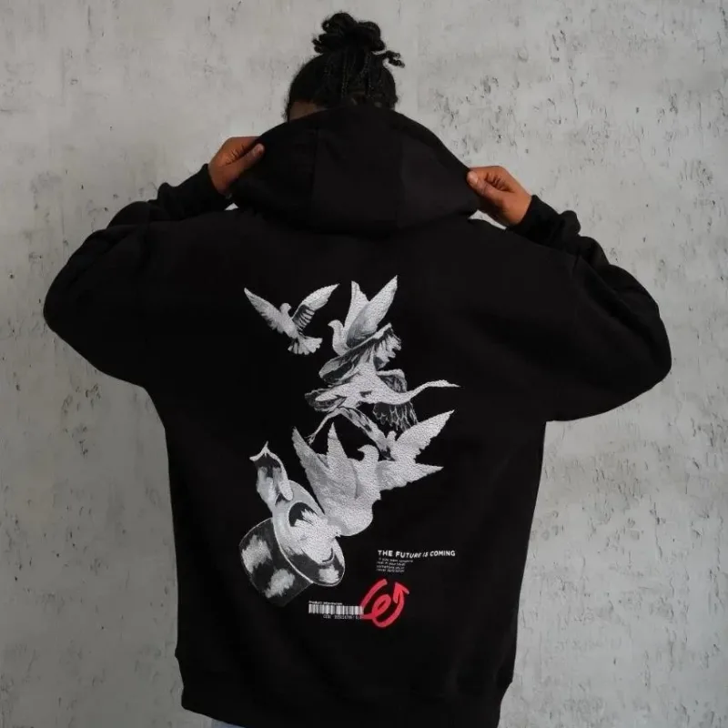 Sweatshirtê Mêran ê Reş, Oversize, 3 Têl, Pembû, Bi Kevan, Bi Çapkirin