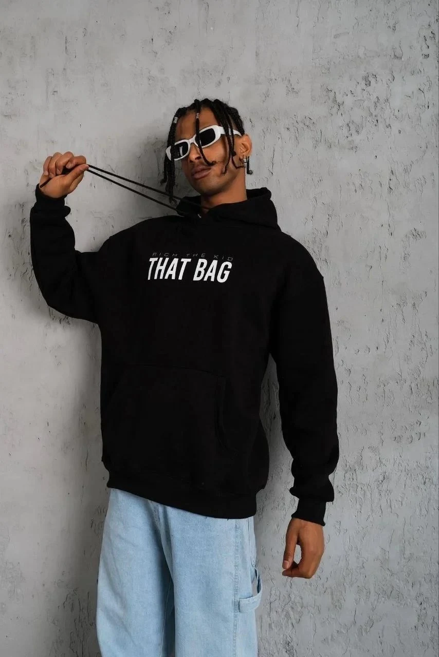 Muški crni oversize 3-nitni pamučni kapuljačasti tiskani sweatshirt s džepom