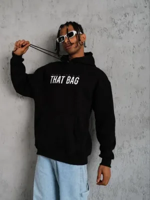 Men's Black Oversize 3-Thread Cotton Printed Hooded Sweatshirt with Pockets