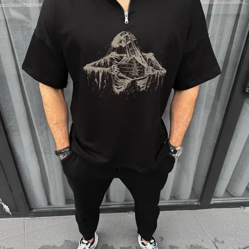 Men's Black Oversize Half Zip Printed T-Shirt