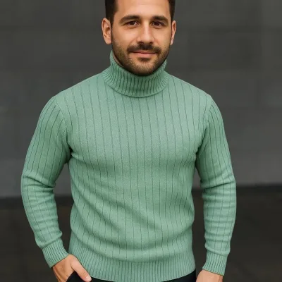 Men's Mint Green Thick Ribbed Full Turtleneck Knit Sweater 2