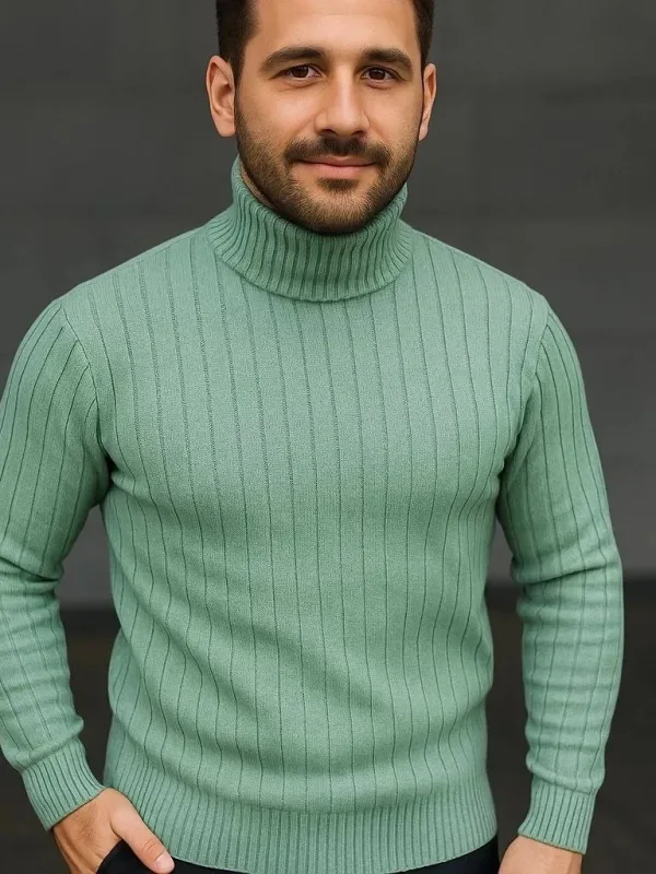 Men's Mint Green Thick Ribbed Full Turtleneck Knit Sweater 2