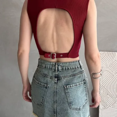 Bluzë Crop Corset me Detaje Rripi në Shpinë Burgundy 5