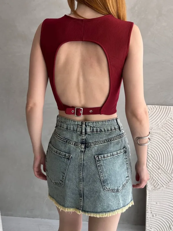 Bluzë Crop Corset me Detaje Rripi në Shpinë Burgundy 5
