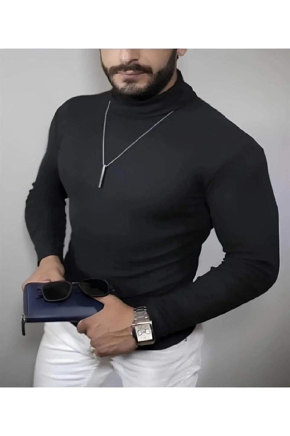 Férfi fekete elasztános bordázott garbós body pulóver