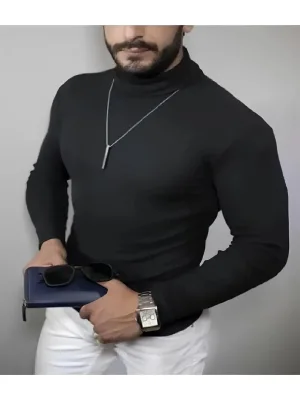 Férfi fekete elasztános bordázott garbós body pulóver