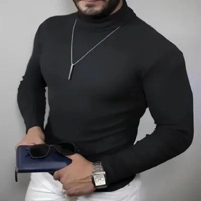 Férfi fekete elasztános bordázott garbós body pulóver 1