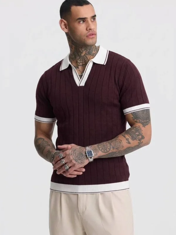 Μπορντό Ανδρικό Τοσκανικό Πλεκτό Βασικό Κοντό Μανίκι Πόλο Μπλουζάκι 3