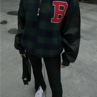 Women's Khaki Gingham Pattern Embroidered College Jacket 3