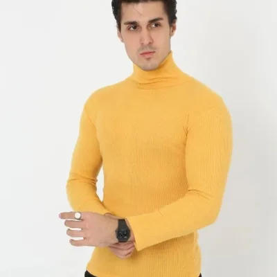 Pánske žlté slim fit lycrové rolákové rebrované body 1