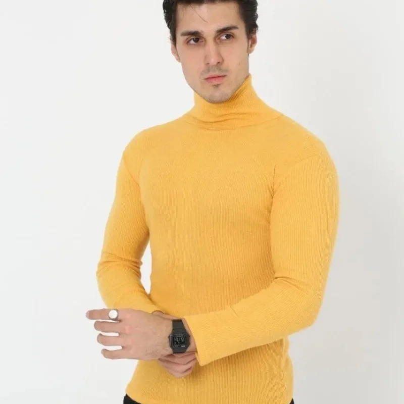 Férfi Sárga Slim Fit Likralı Turtleneck Bordázott Body