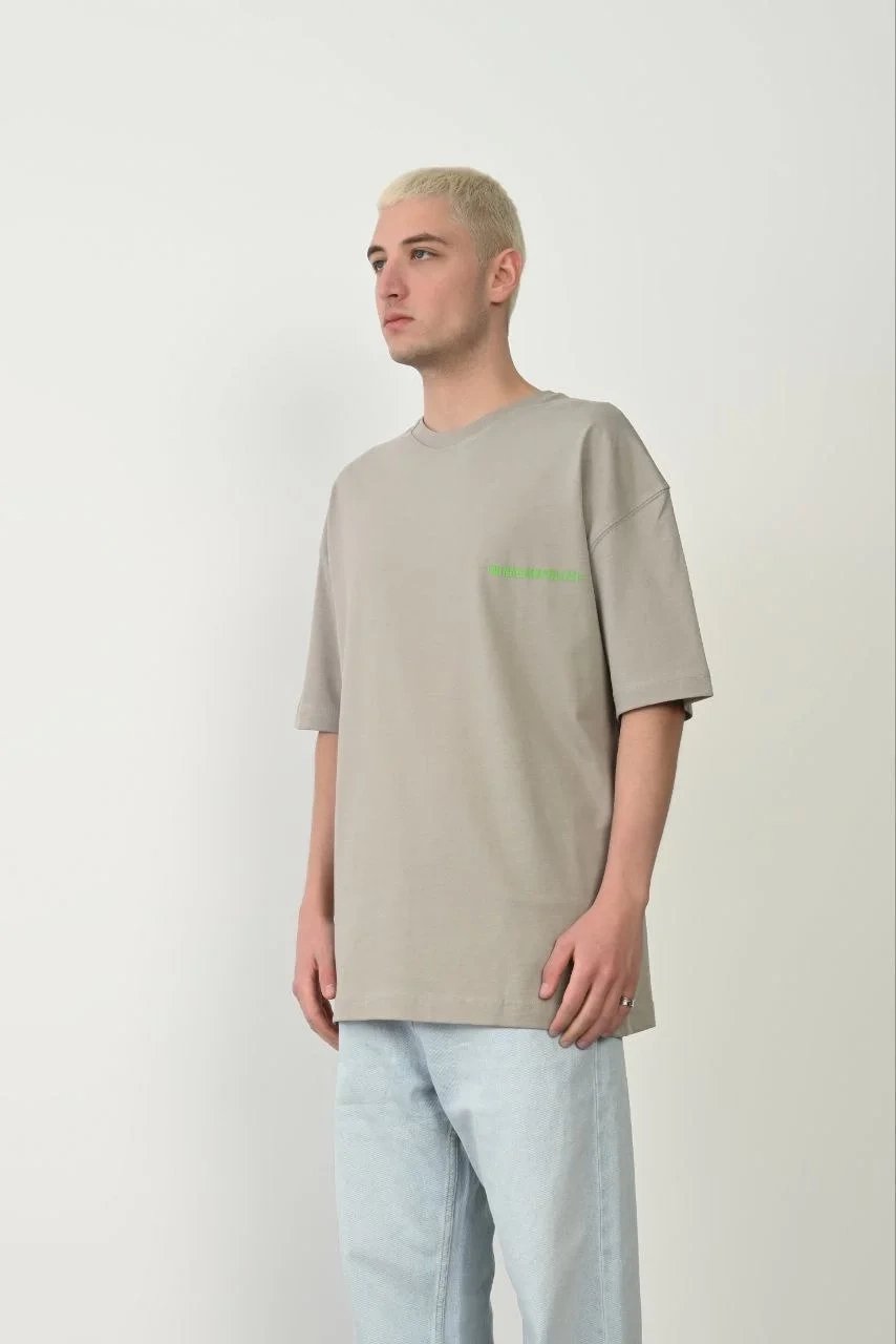 Ανδρικό Βαμμένο Γκρι Oversize Στρογγυλή Λαιμόκοψη Τυπωμένο T-Shirt
