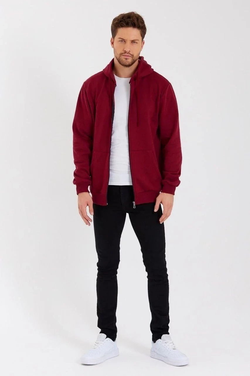 Men's Burgundy 3-Thread Cotton Full Zip Hooded Sweatshirt 2
