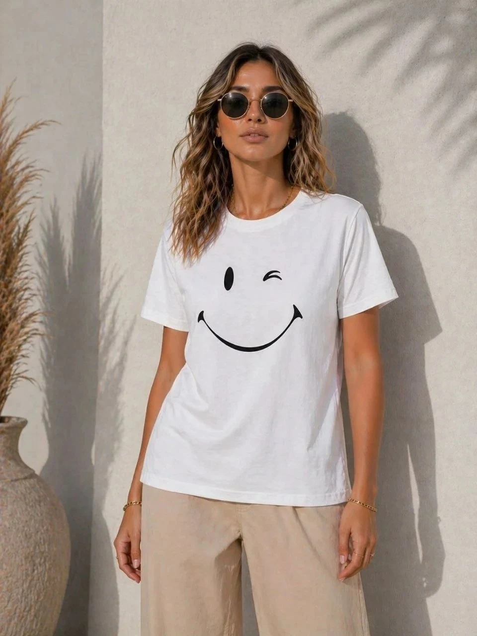 Qadın Ağ Oversize Gülən Üz Çap Qısa Qol T-Shirt