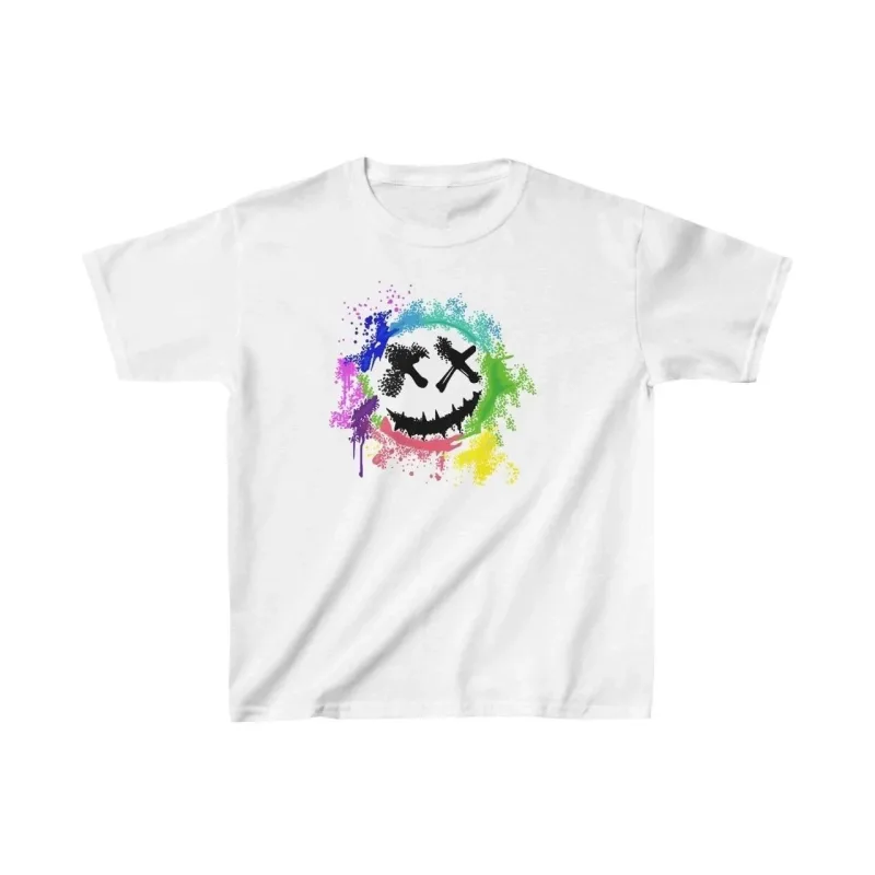 تيشيرت أطفال أبيض مطبوع أوفرسايز بياقة دراجة