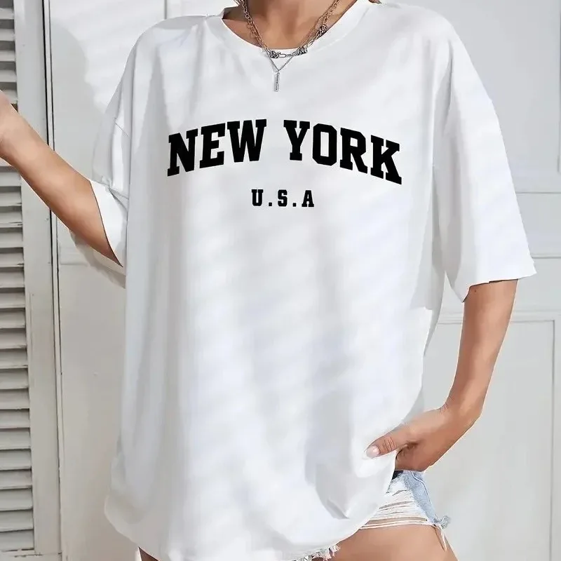 Jina Spî Oversize New York Çapkirî Stûyê Bisîkletê Tîşort