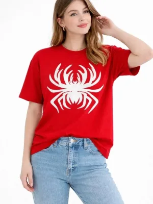 Ženska Crvena Oversize Pauk Print Bicikli Kragna Majica