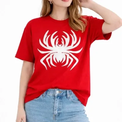 Ženska Crvena Oversize Pauk Print Bicikli Kragna Majica 1