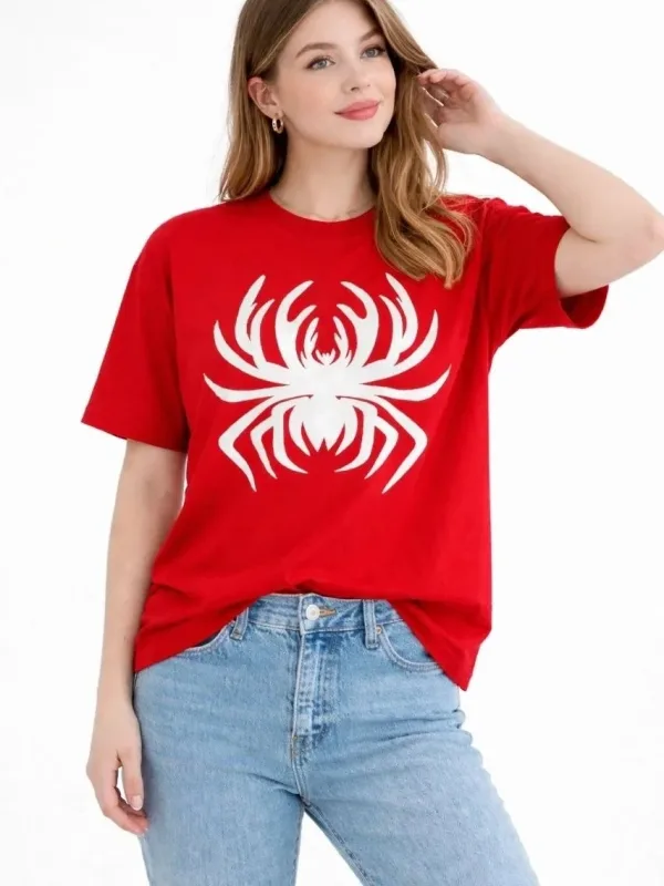 Ženska Crvena Oversize Pauk Print Bicikli Kragna Majica 1