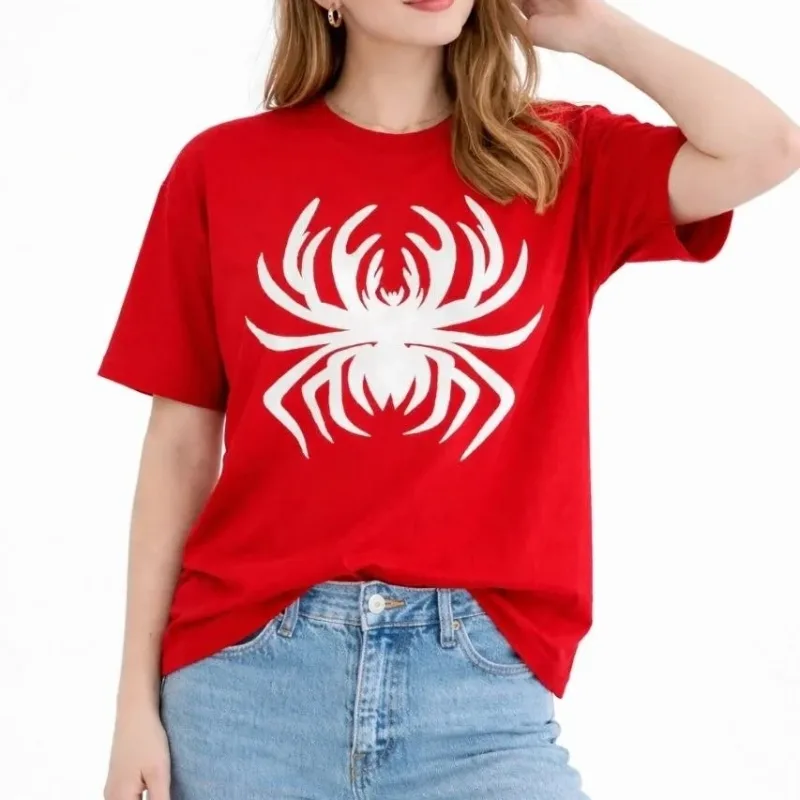 Ženska Crvena Oversize Pauk Print Bicikli Kragna Majica