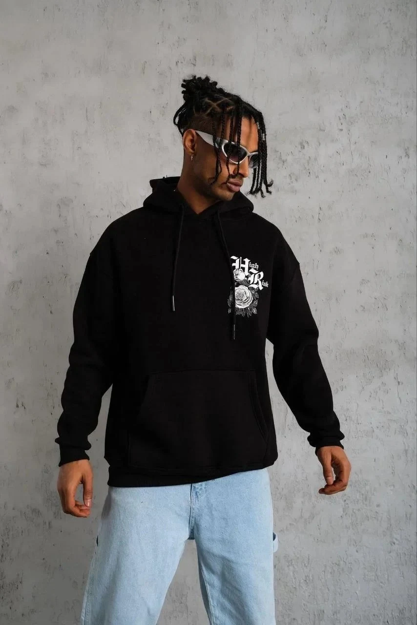Men's Black Oversize 3-Thread Cotton Printed Hooded Sweatshirt