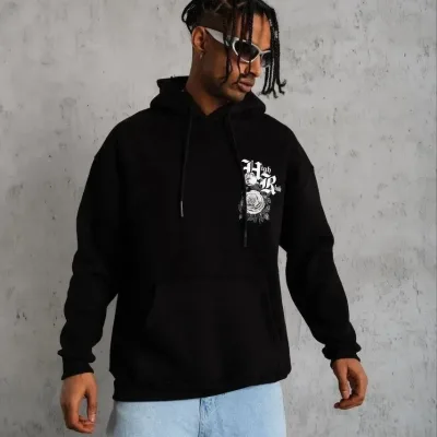 Sweatshirtê Mêran ê Reş Oversize 3 Têl Pembû Çapkirî Kêşkêş 1