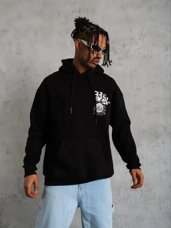 Sweatshirtê Mêran ê Reş Oversize 3 Têl Pembû Çapkirî Kêşkêş 1