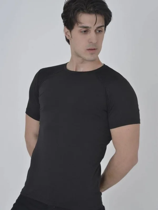 მამაკაცის შავი Slimfit მხარზე ბადიანი ველოსიპედის საყელოიანი მოკლე სახელოიანი მაისური 2