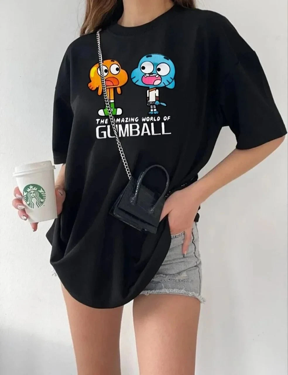 Női fekete oversized biciklinyakú nyomott rövid ujjú póló