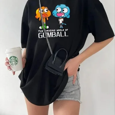 Női fekete oversized biciklinyakú nyomott rövid ujjú póló 1