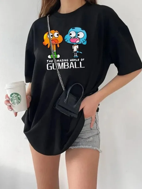 Női fekete oversized biciklinyakú nyomott rövid ujjú póló 1