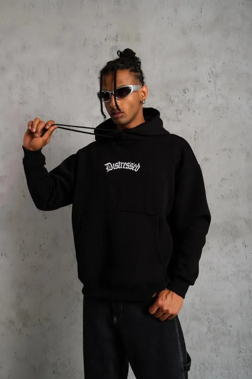 Men's Black 3-Thread Cotton Hooded Printed Sweatshirt
