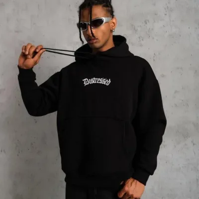 Férfi fekete 3 szálas pamut kapucnis nyomott sweatshirt 1
