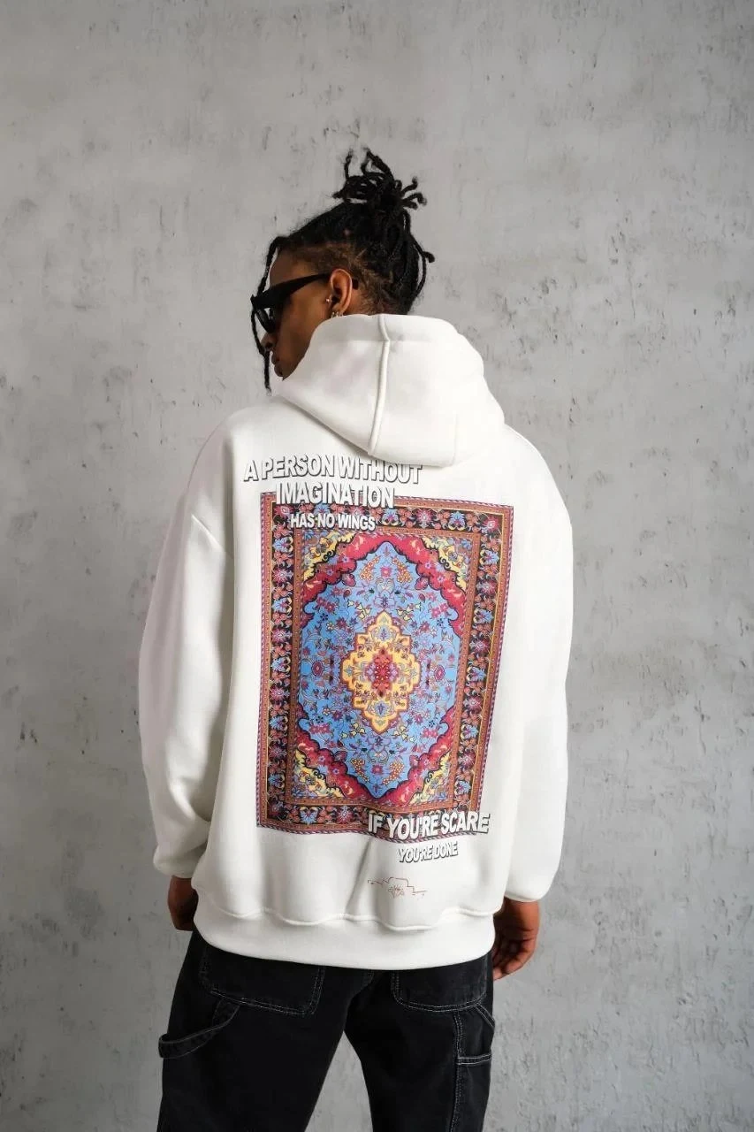 Muški bijeli oversize 3-niti pamučni s kapuljačom tiskani sweatshirt