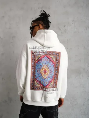 Muški bijeli oversize 3-niti pamučni s kapuljačom tiskani sweatshirt