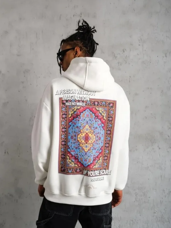 Muški bijeli oversize 3-niti pamučni s kapuljačom tiskani sweatshirt 1
