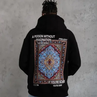 Men's Black Oversize 3-Thread Cotton Hooded Printed Sweatshirt with Pockets 2
