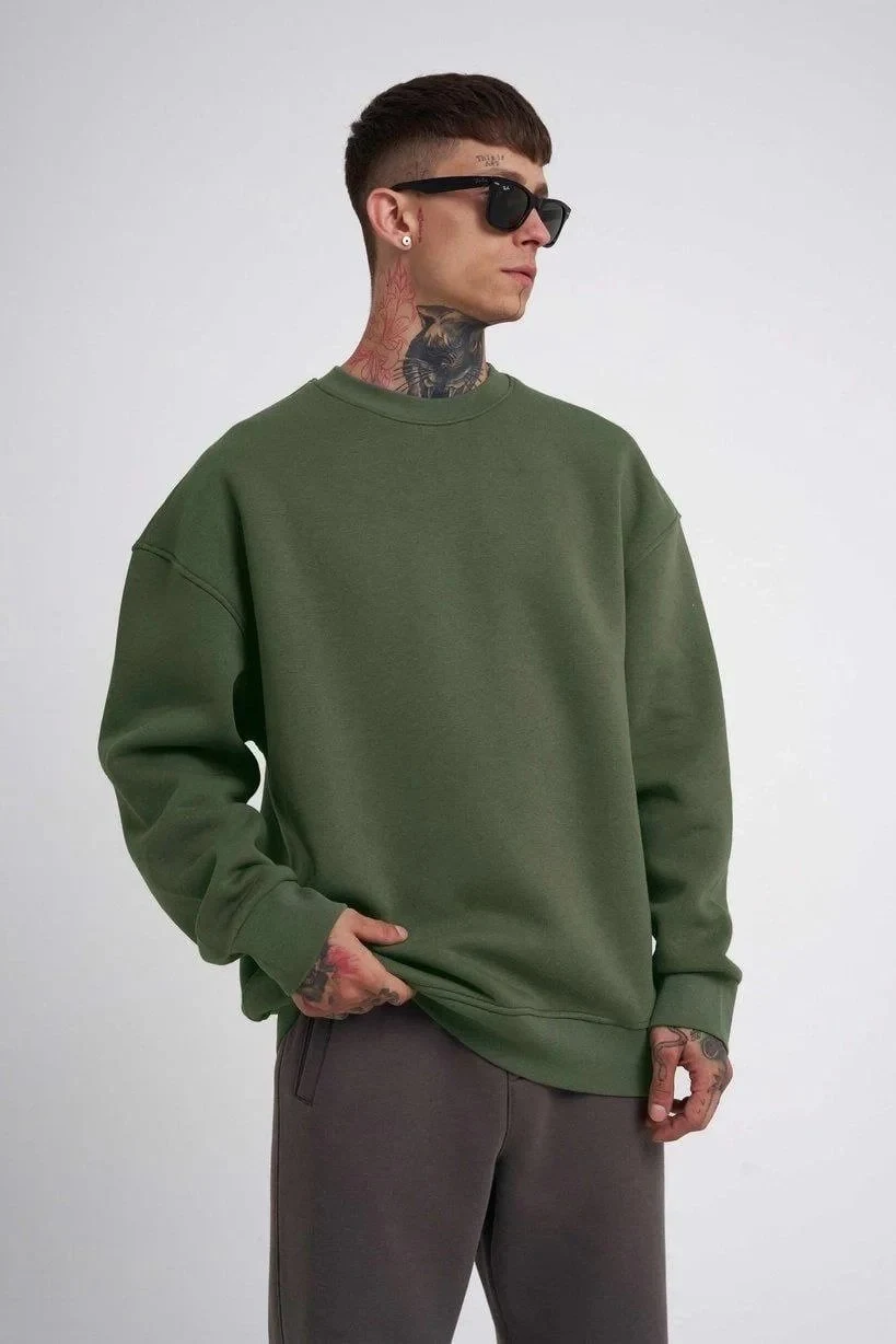 Men's Khaki Crew Neck 3-Thread Cotton Sweatshirt